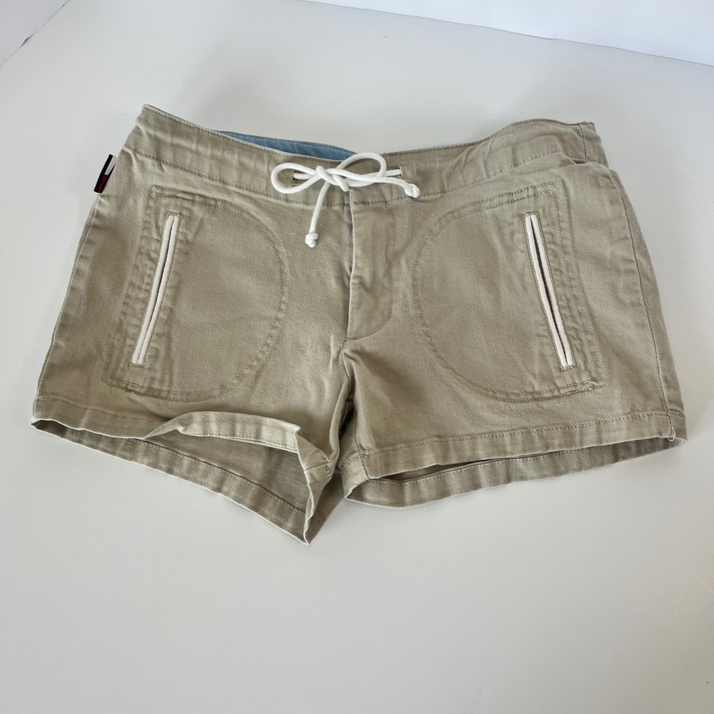 Tommy Jeans Womens Khaki Chino Shorts Tan Low Rise Drawstring Size 5 246941‎
